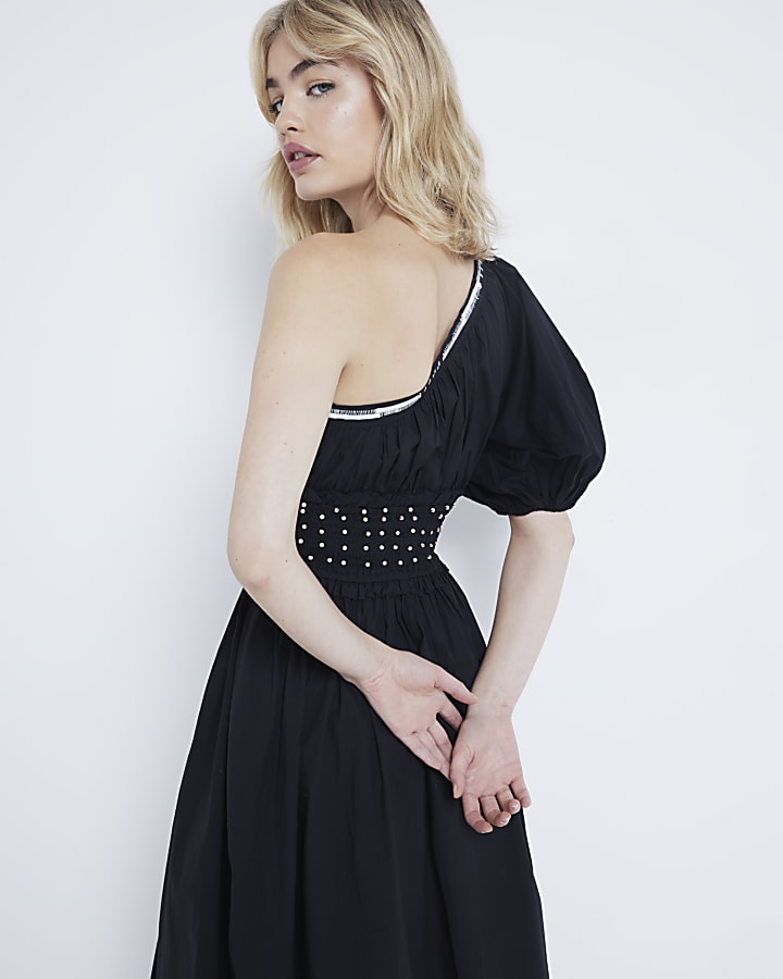 Black one shoulder beaded midi dress