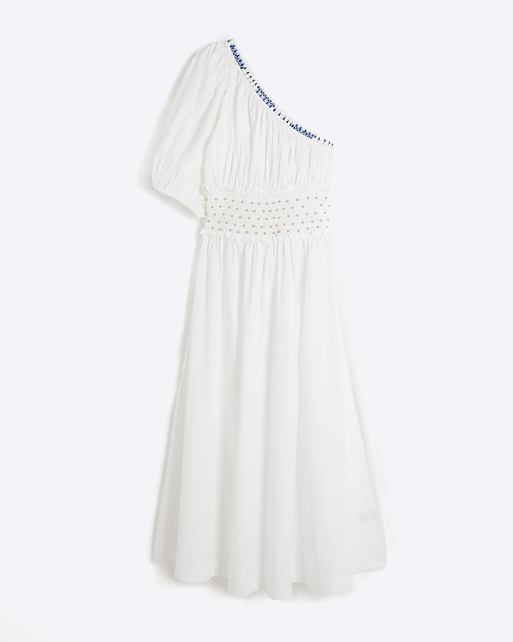 White one shoulder beaded midi dress