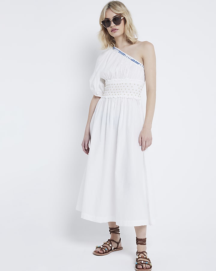 White one shoulder beaded midi dress