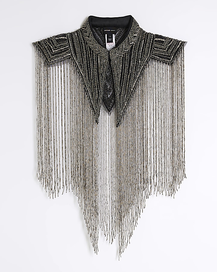 Black Beaded Fringe Cape Top