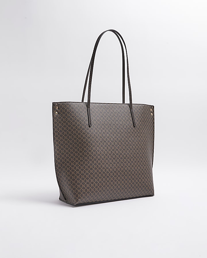 Brown RI monogram stripe shopper bag