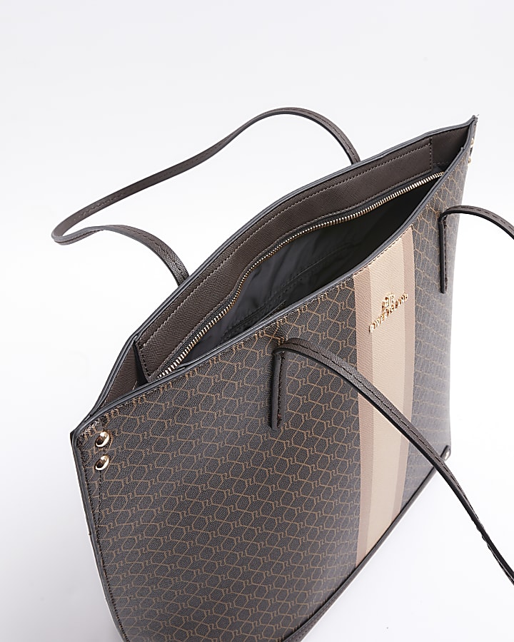 Brown RI monogram stripe shopper bag