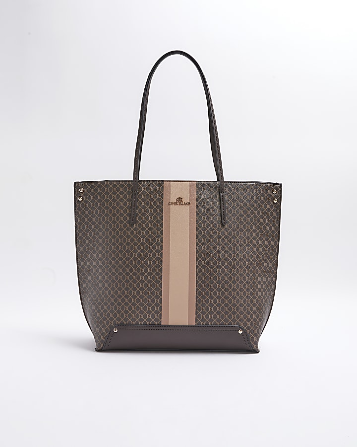 Brown RI monogram stripe shopper bag