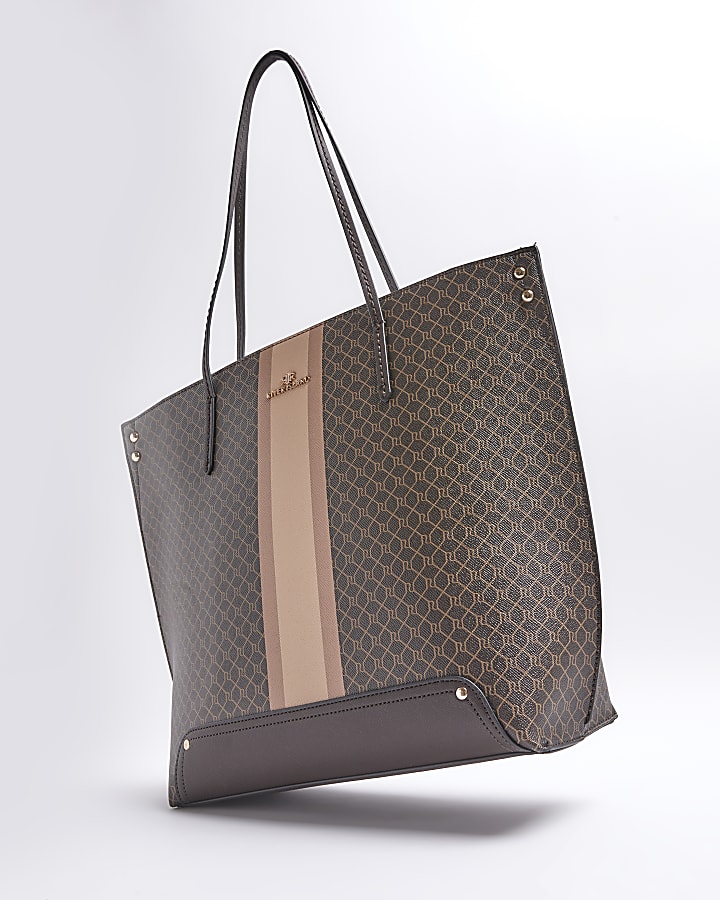 Brown RI monogram stripe shopper bag