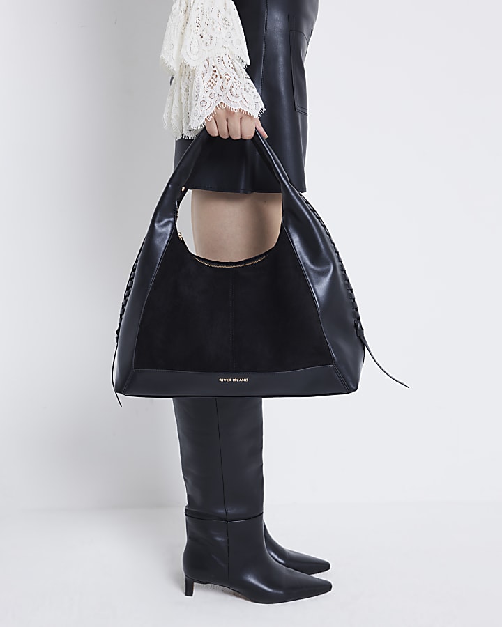 Black Whipstitch Slouch Tote Bag River Island