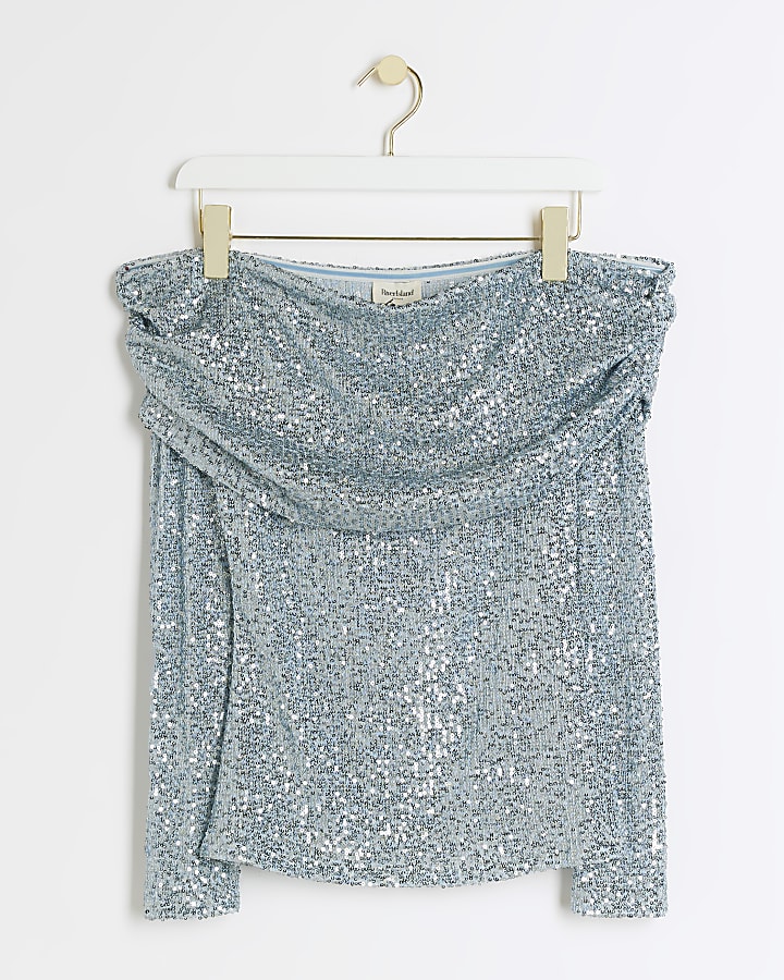 Blue sequin off the shoulder top