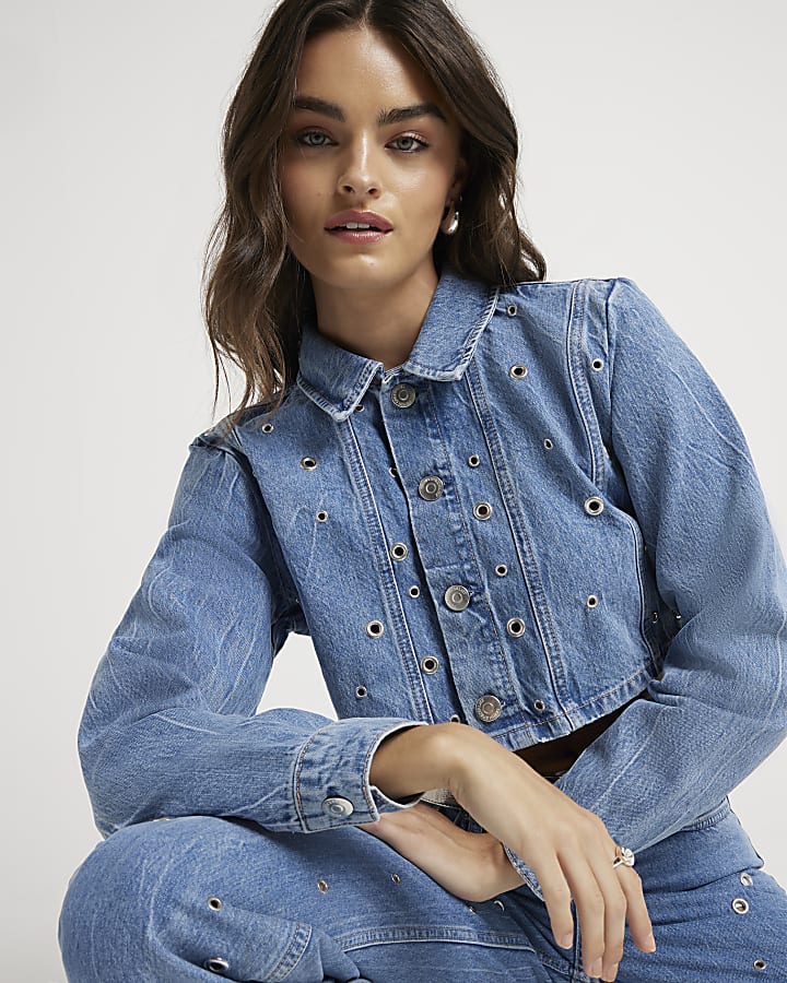 Blue eyelet detail cropped denim jacket