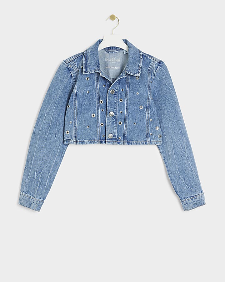 Blue eyelet detail cropped denim jacket