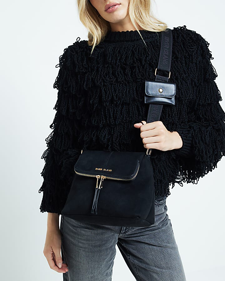 Black Suedette Zip Messenger Cross Body Bag River Island