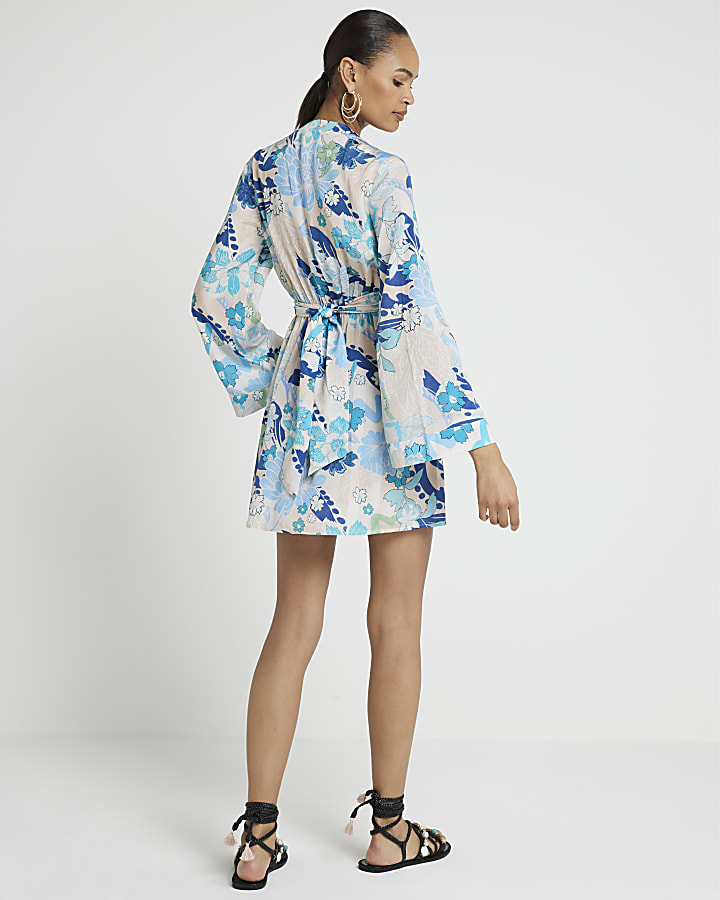 Blue floral print front tie mini dress