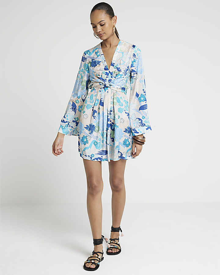 Blue floral print front tie mini dress