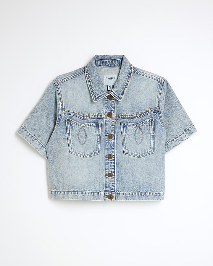 Blue denim studded crop shirt