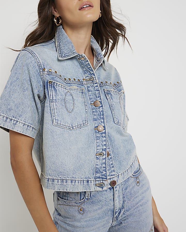 Blue denim studded crop shirt