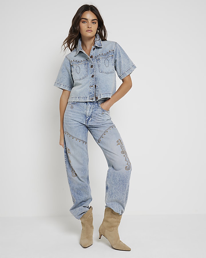 Blue denim studded crop shirt