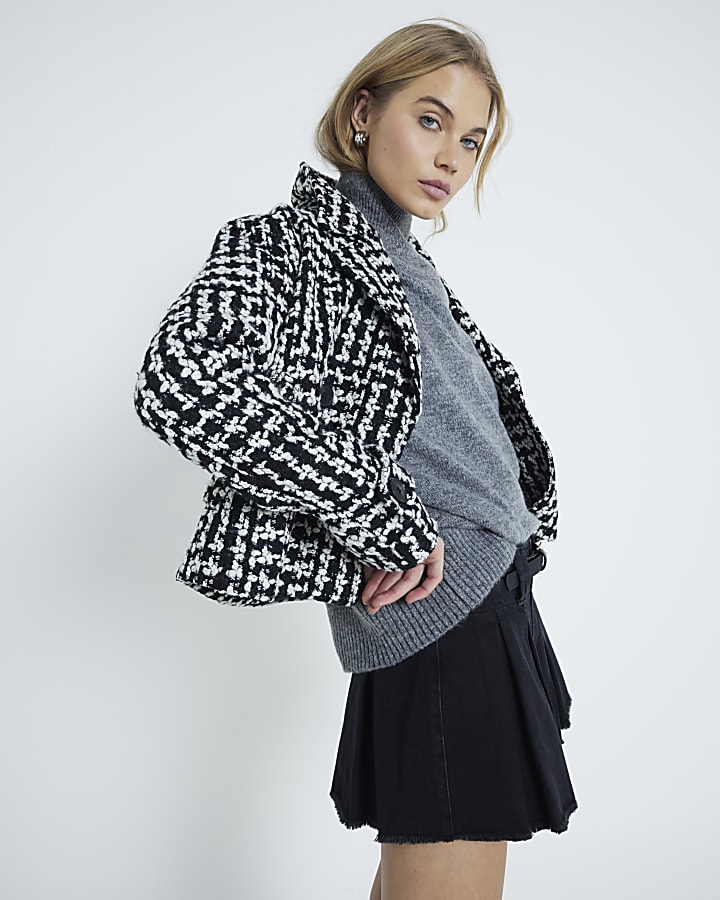 Black monochrome boucle textured crop jacket