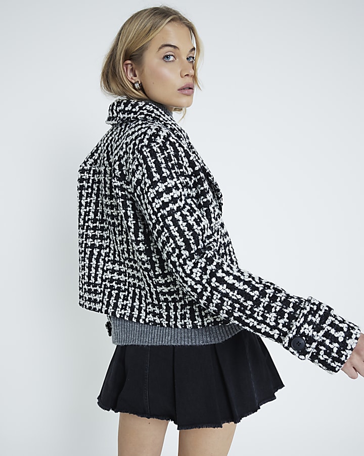 Black monochrome boucle textured crop jacket