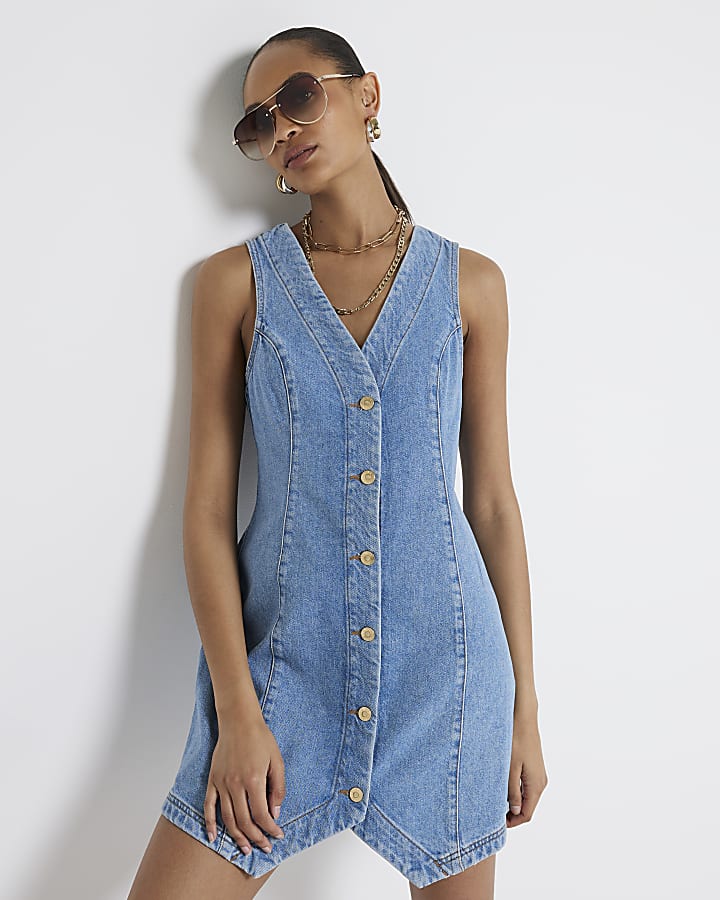 Blue denim waistcoat shift mini dress