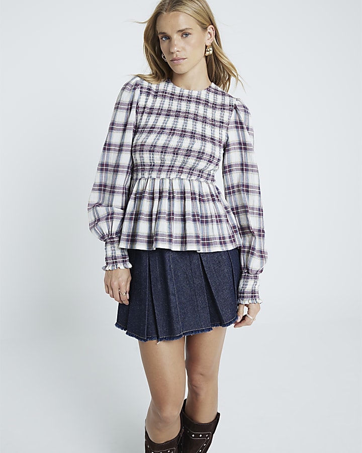 Red Shirred Checked Top