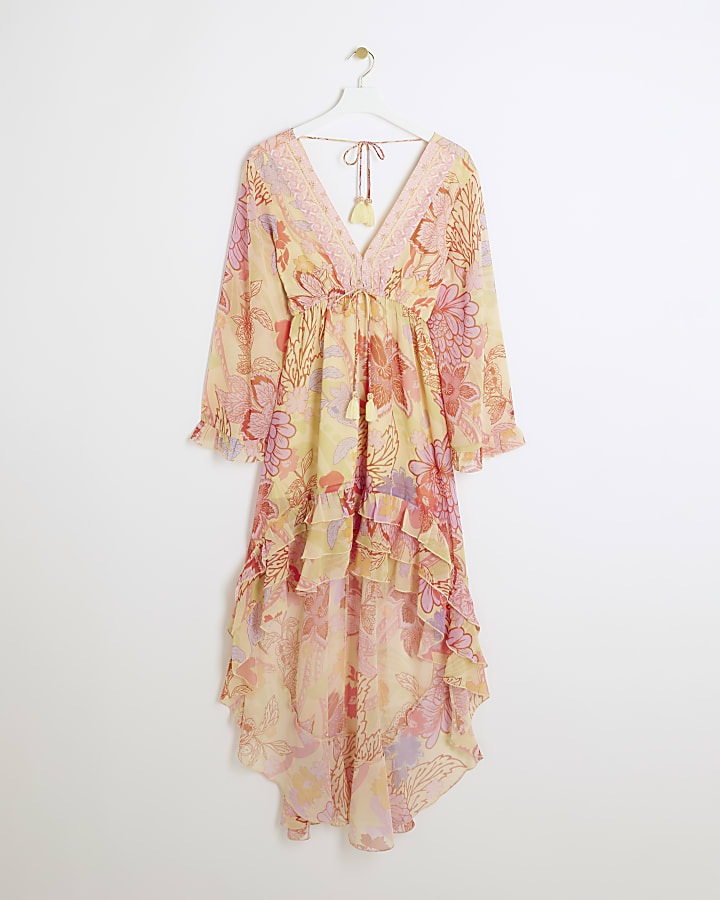 Yellow floral plunge beach maxi dress