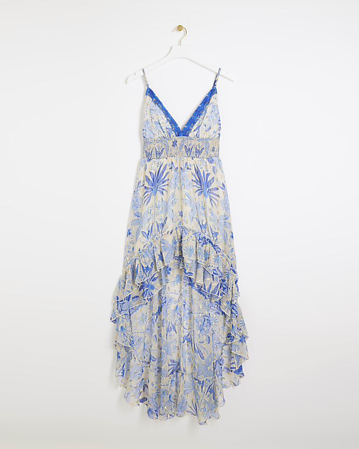 Blue floral asymmetric beach midi dress