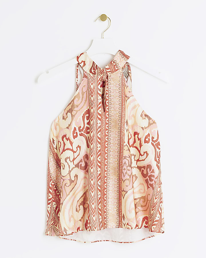 Rust satin abstract halter neck top