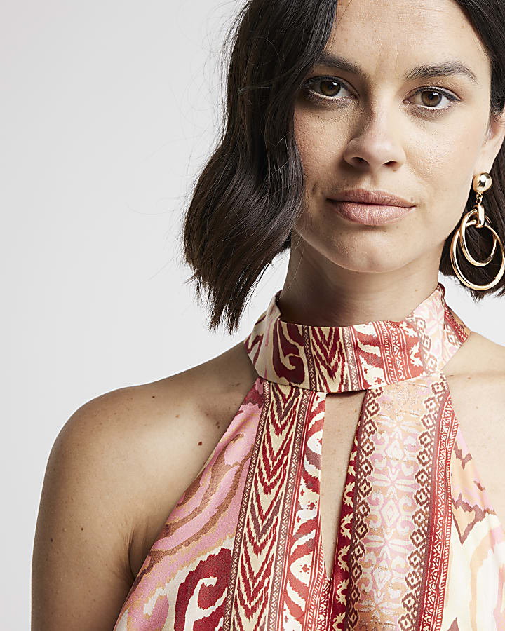 Rust satin abstract halter neck top