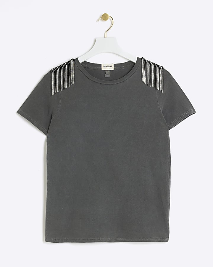 Black washed diamante embellished t-shirt