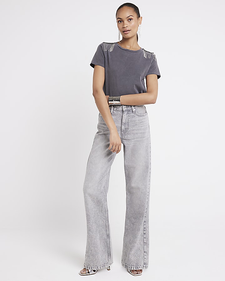 Black washed diamante embellished t-shirt