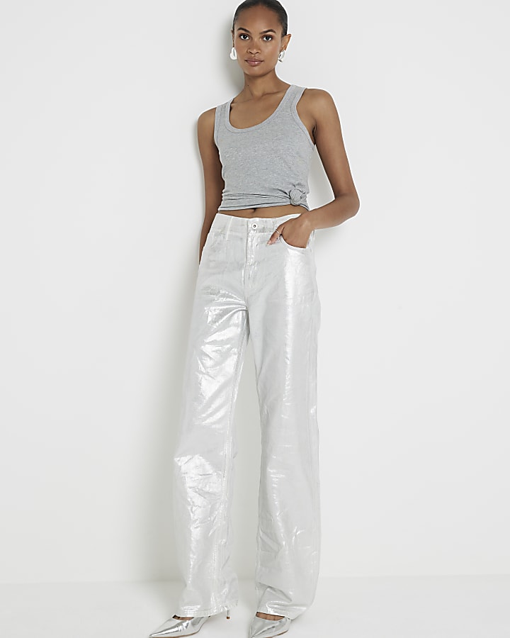 Silver relaxed straight coated jeans