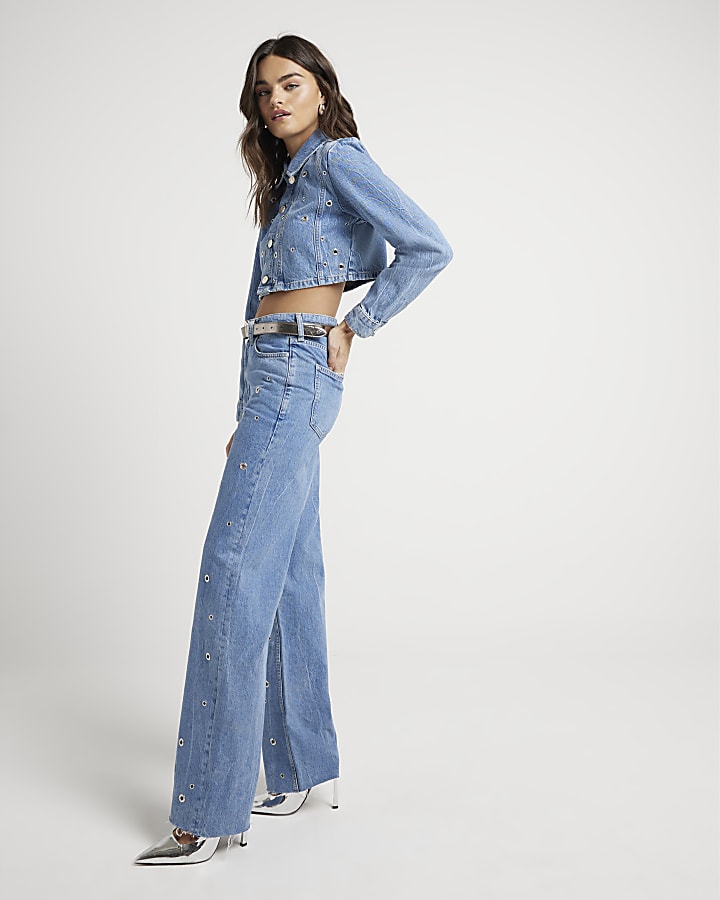 Blue relaxed straight eyelet jeans