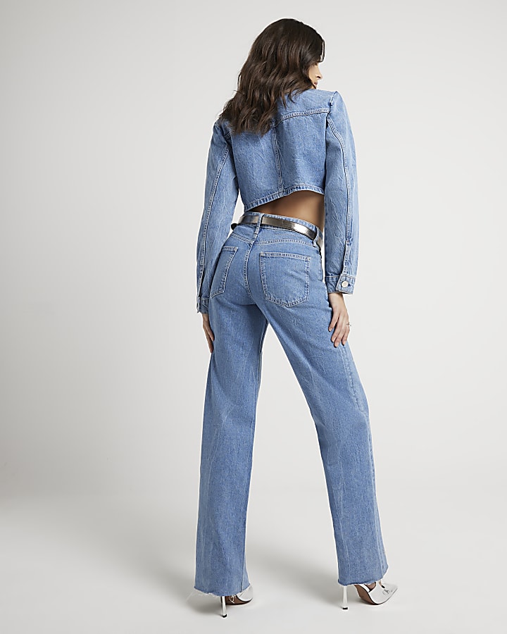 Blue relaxed straight eyelet jeans