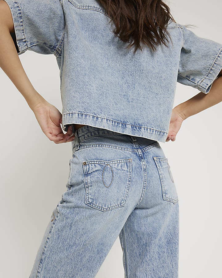 Blue Denim Relaxed Straight embroidered jeans