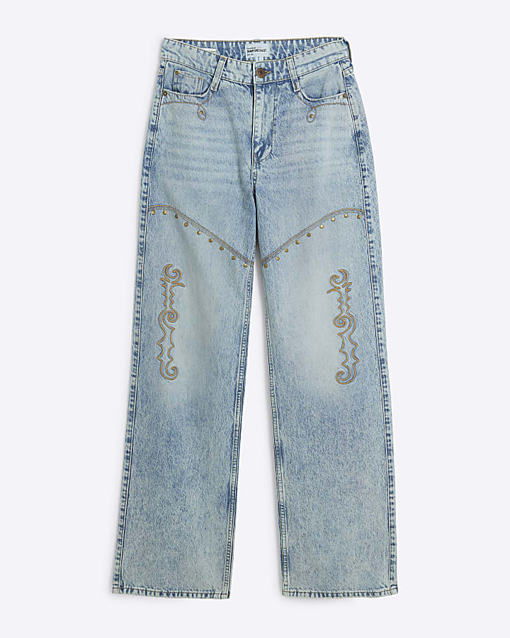 Blue Denim Relaxed Straight embroidered jeans