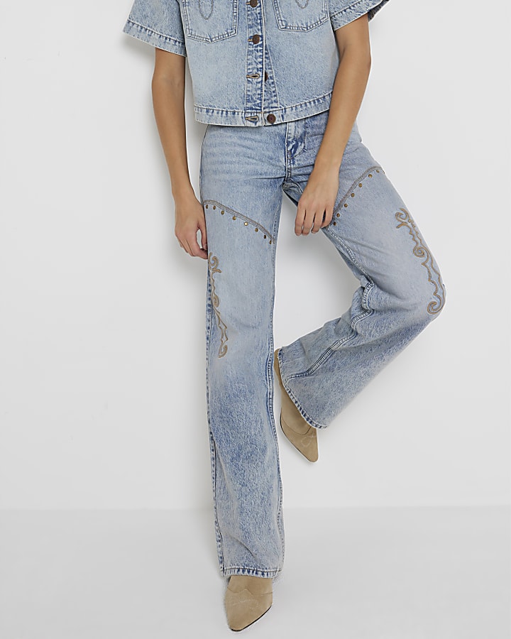 Blue Denim Relaxed Straight embroidered jeans