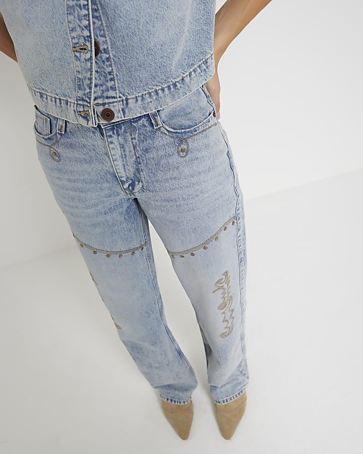 Blue Denim Relaxed Straight embroidered jeans