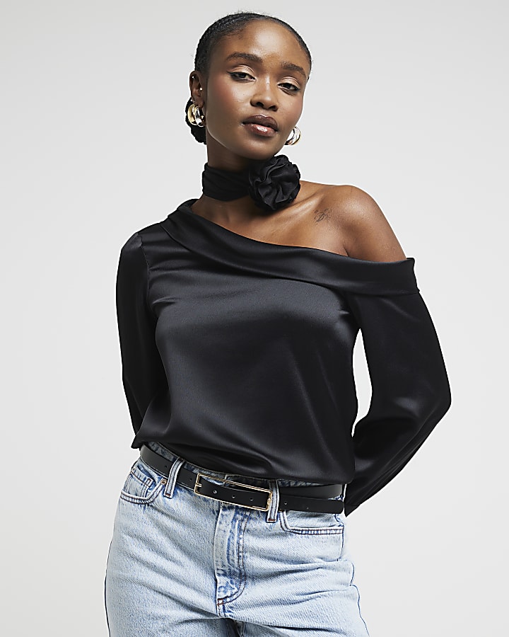 Black Satin Off Shoulder Blouse