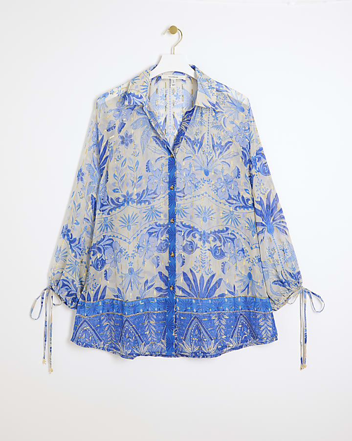 Blue floral chiffon beach shirt