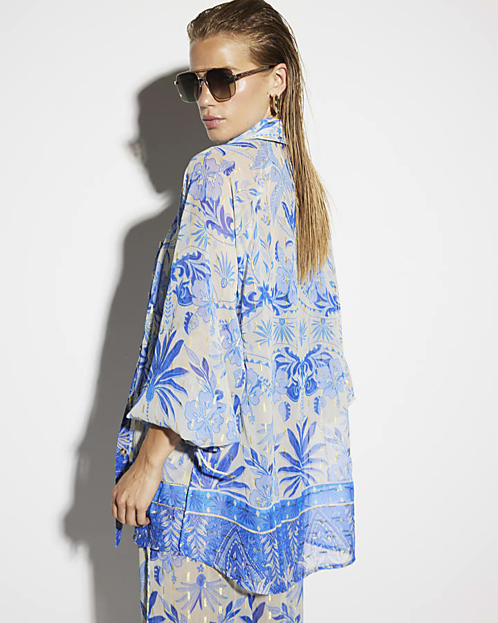 Blue floral chiffon beach shirt