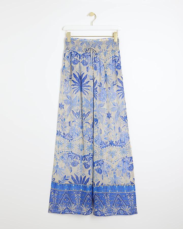 Blue floral chiffon beach trousers