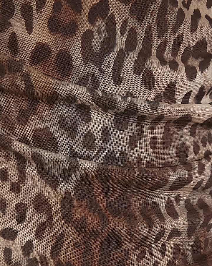 Brown leopard print ruched bodycon midi dress