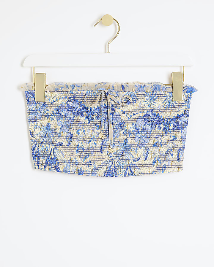 Blue floral shirred bandeau beach top