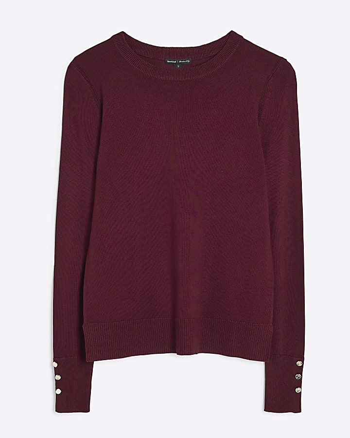 Red Long Sleeve Button Detail Knitted Top