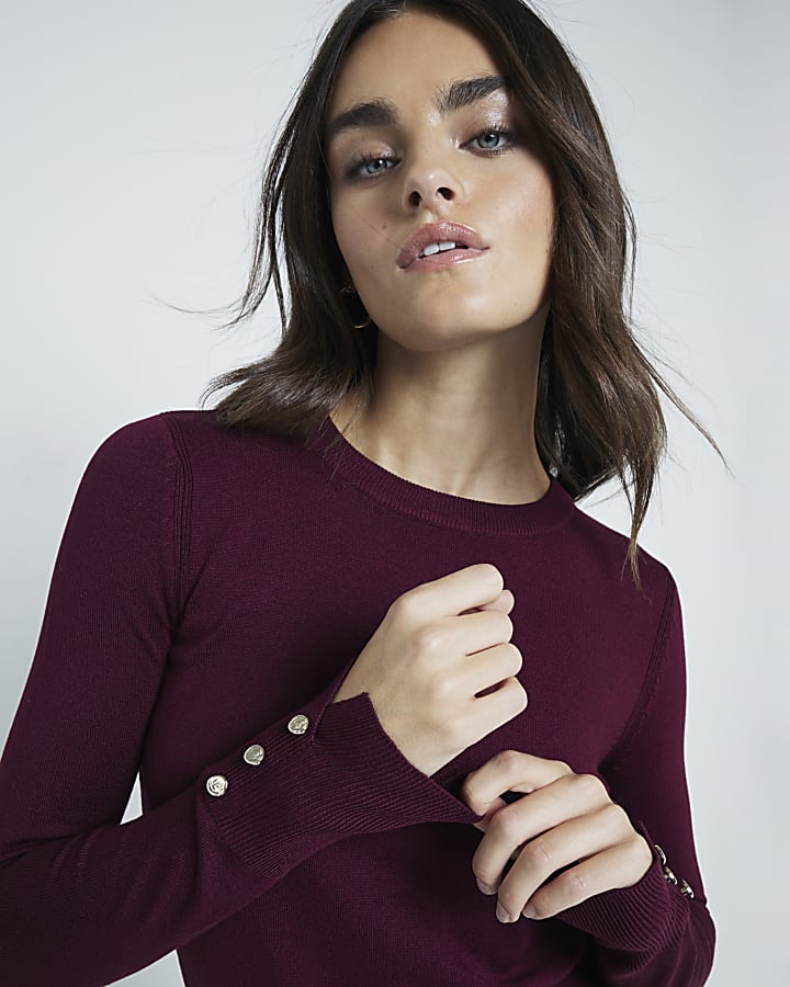 Red Long Sleeve Button Detail Knitted Top