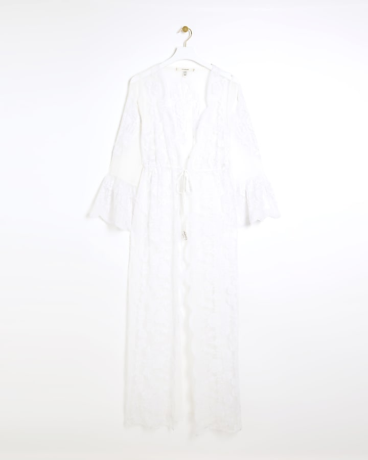 White embroidered lace longline kaftan top