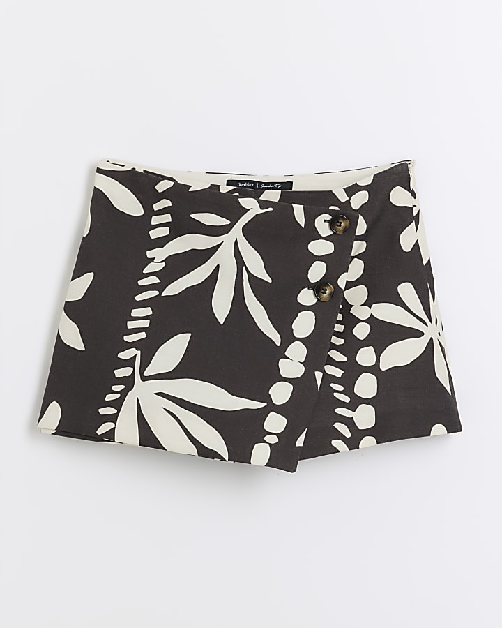 Petite brown floral wrap skort