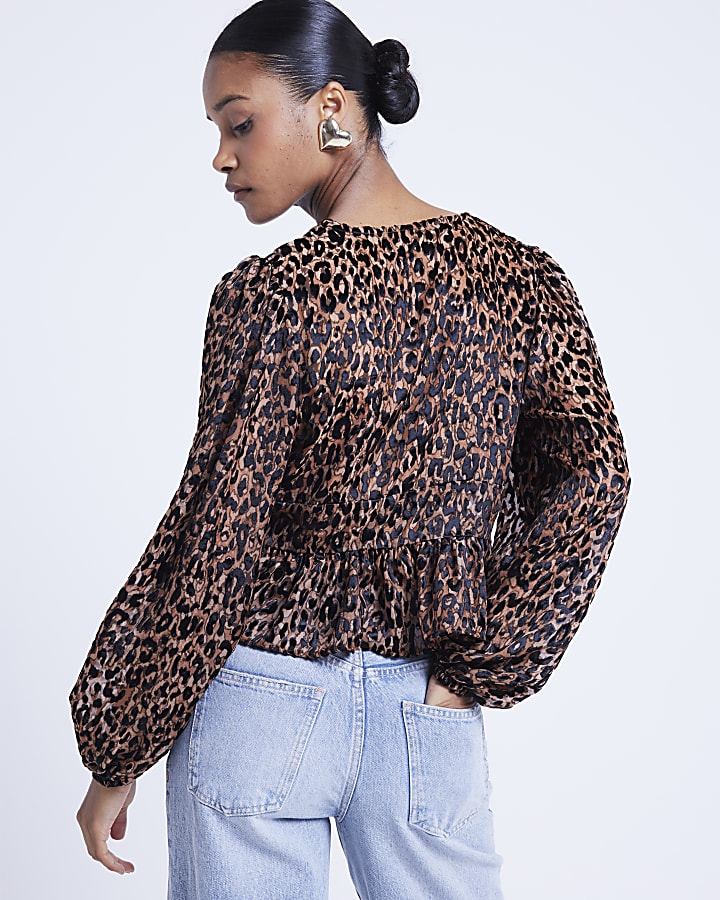 Brown leopard print tie front blouse