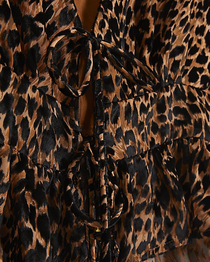 Brown leopard print tie front blouse