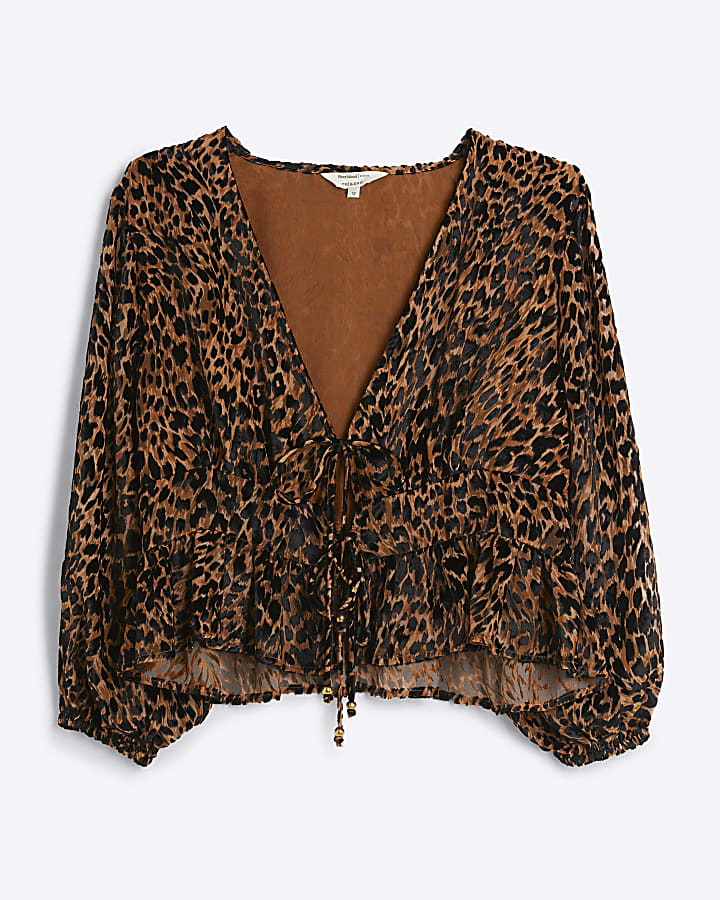 Brown leopard print tie front blouse