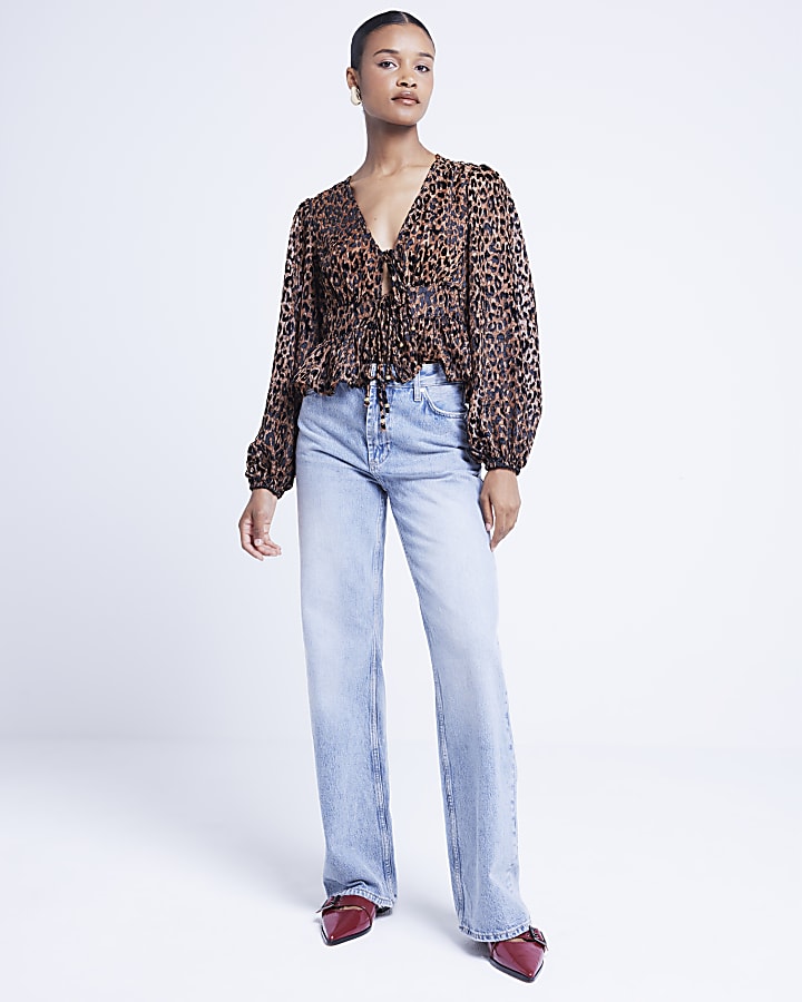 Brown leopard print tie front blouse
