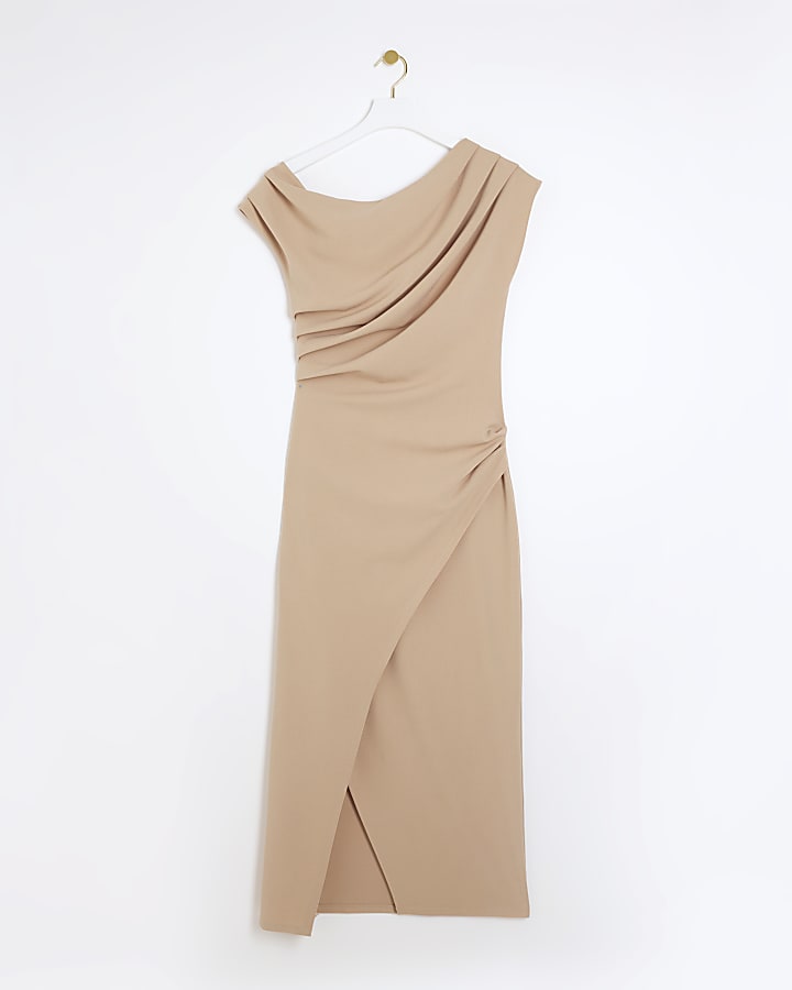 Beige Drape Off Shoulder Bodycon Midi Dress